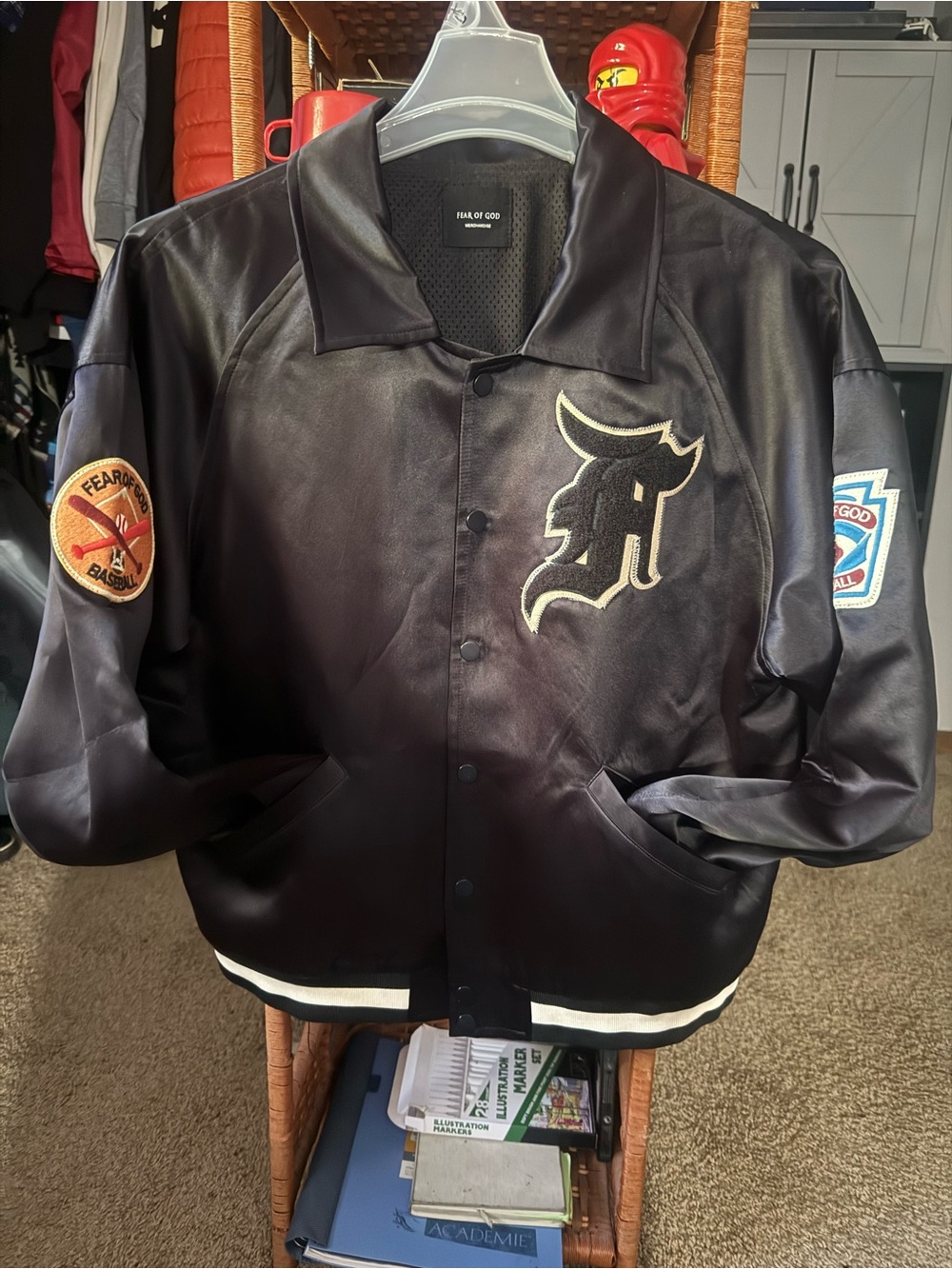 Fear of God Black Leather Bomber Varsity Jacket with Cream Trim